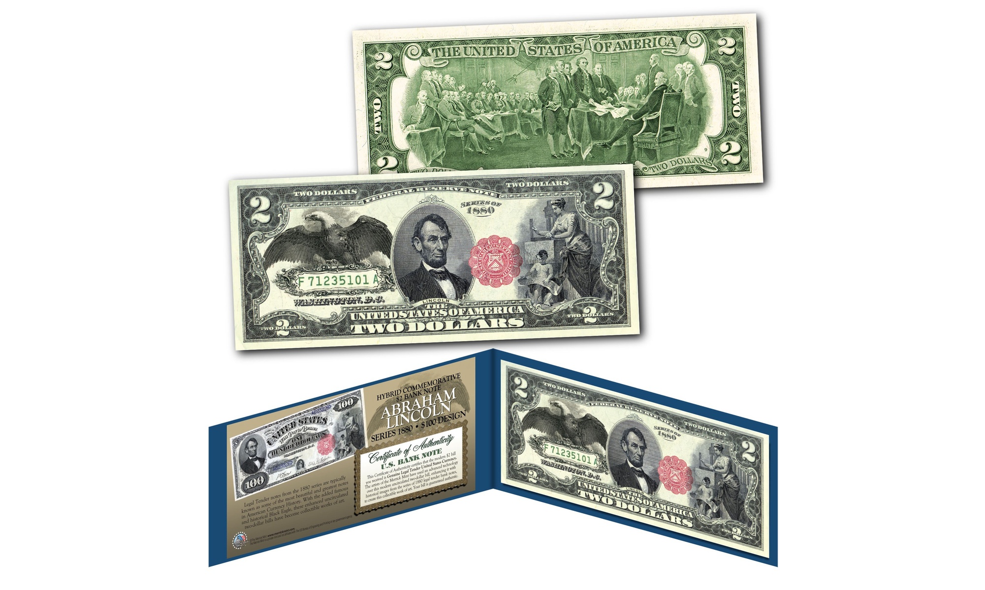 1880 Series ABRAHAM LINCOLN Hybrid Commemorative Note on Modern 2 Dollar Bill