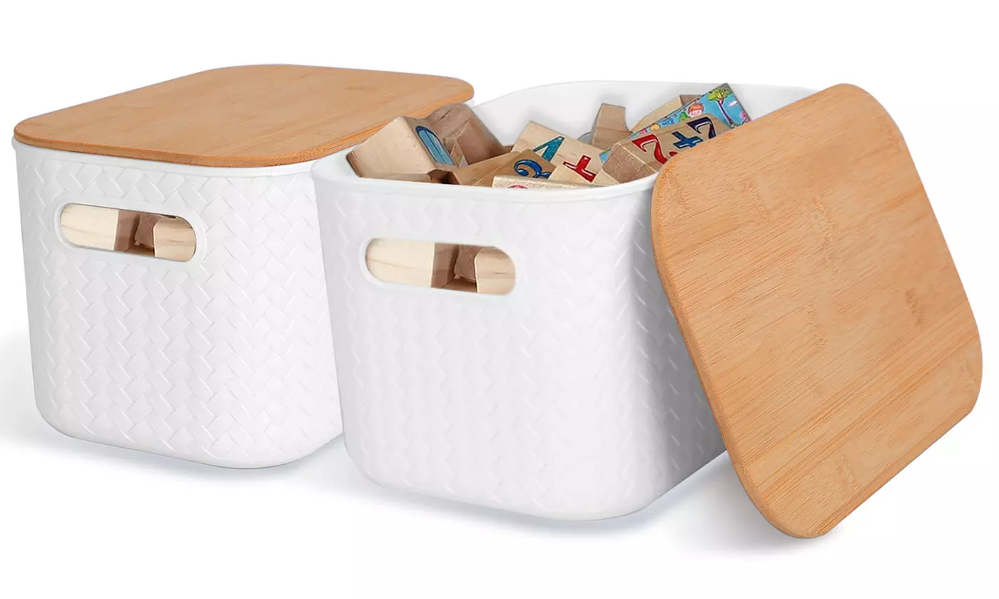 NewHome Stackable Storage Bins with Bamboo Lids Plastic Containers (2-Pack)
