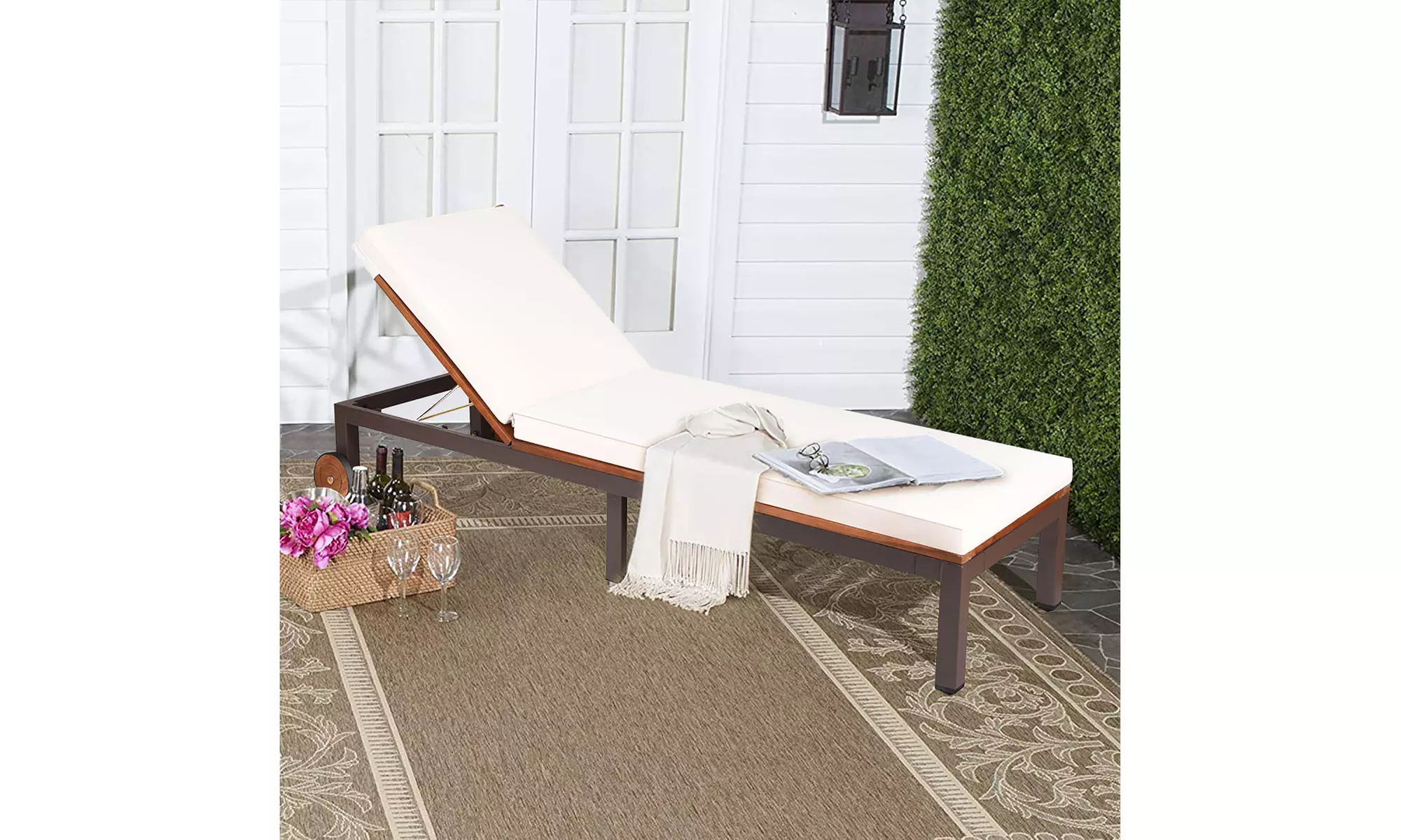 Patio Acacia Wood Lounge Chair Chaise Recliner Adjustable Backrest Cushion Wheel