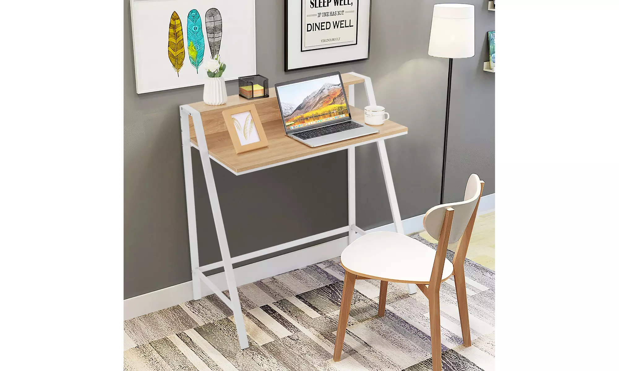 Goplus 2 Tier Computer Desk PC Laptop Table Study Writing Home Office Natural - Primary Image