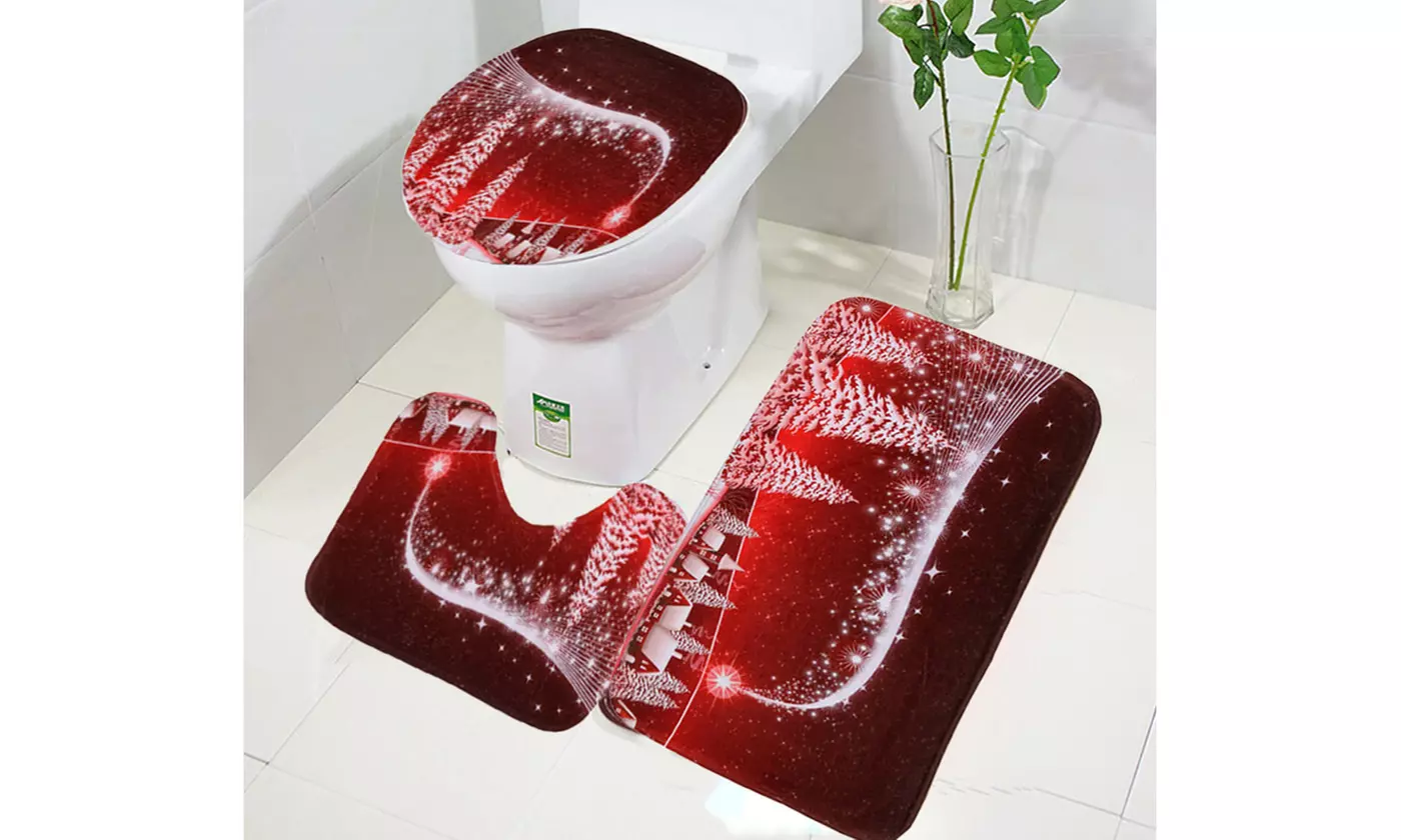 3pcs Christmas Toilet Seat Cover Rug Set Santa Claus Bathroom Mat Xmas Decor