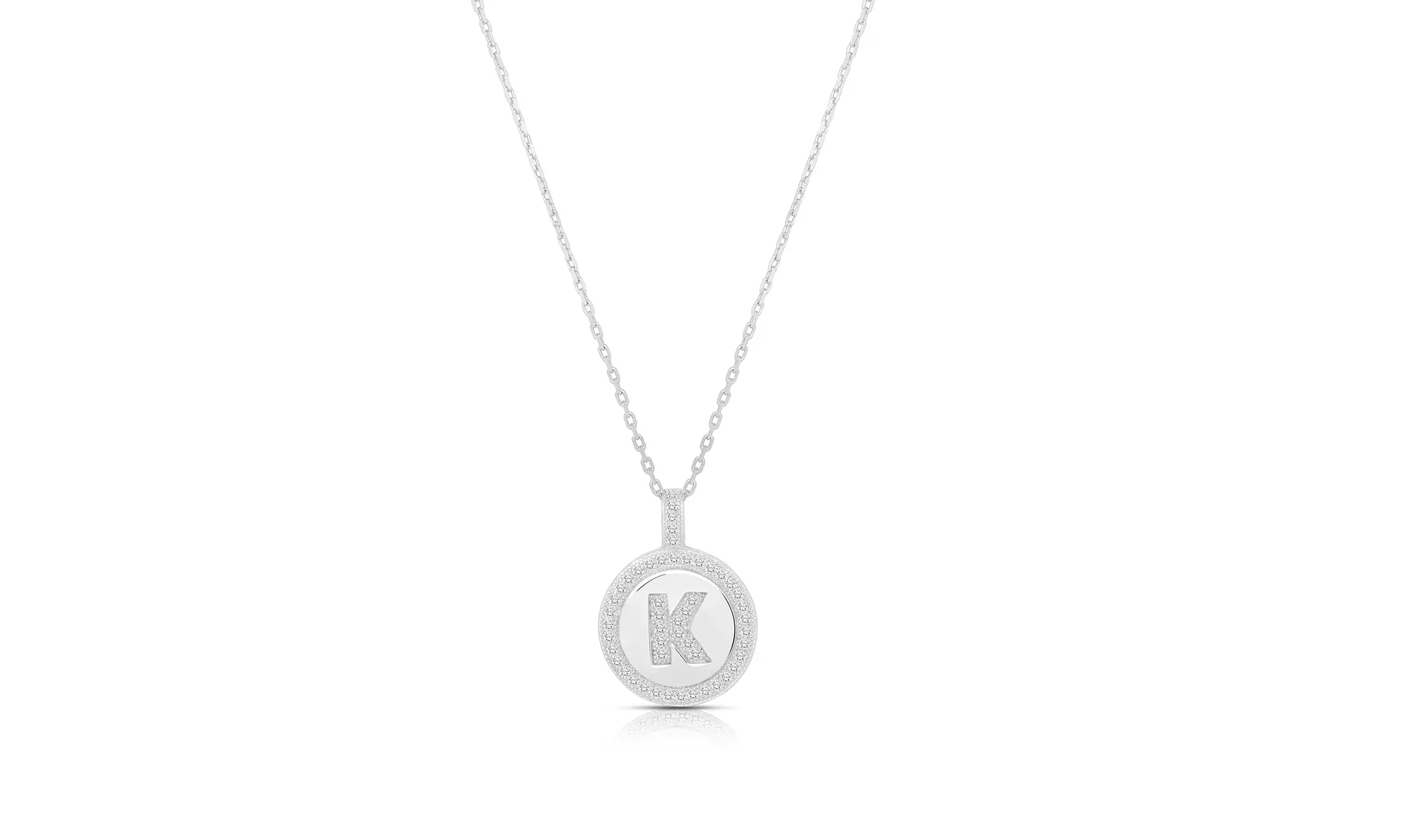 Sterling Silver Crystal Round Disc Initial Pendant Necklace