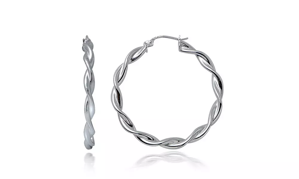 Sterling Silver 3mm Twist  Polished Hoop Earrings, 35mm