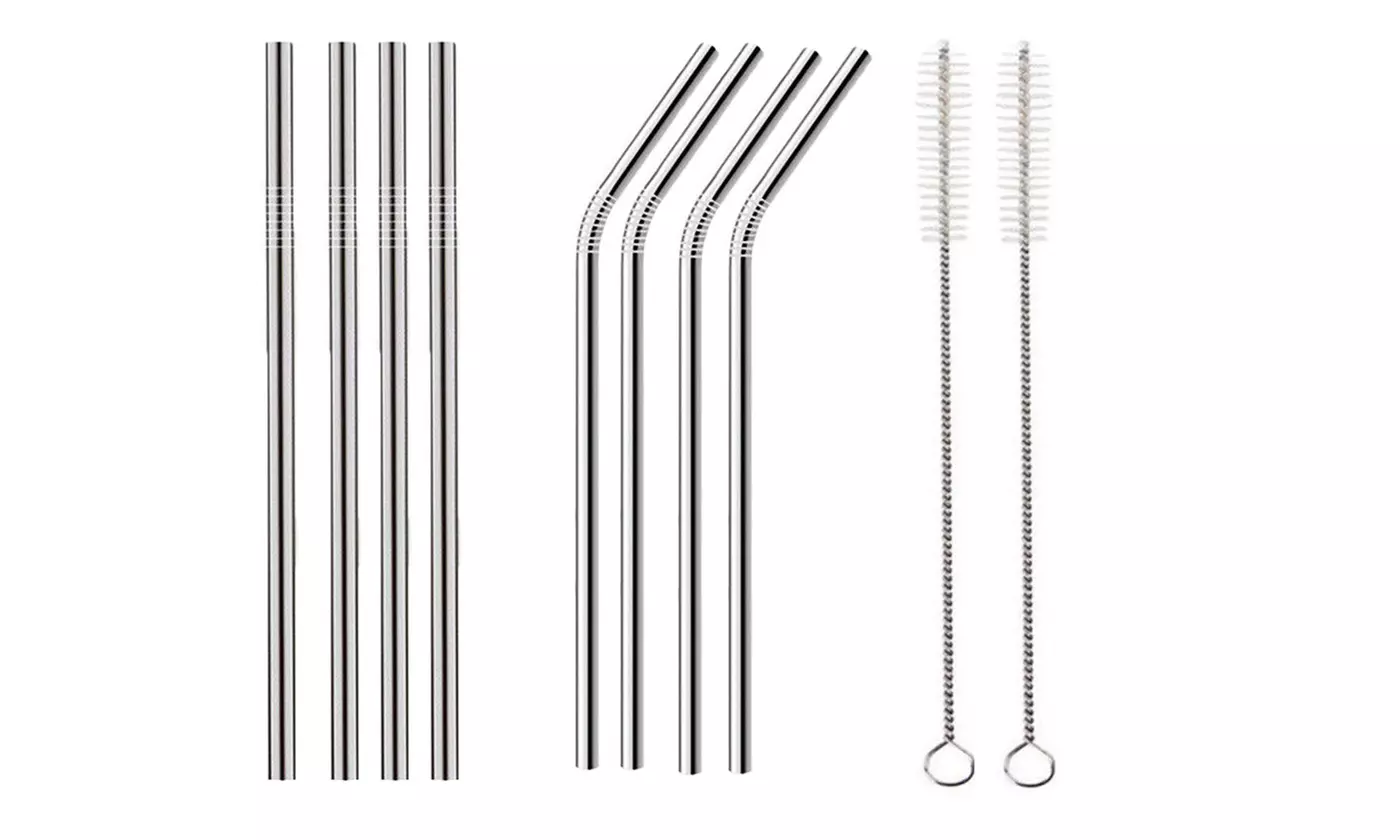 8-Pack 10.5 inch Stainless Steel Bent Straight Drinking Straws Long Reusable