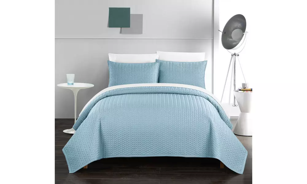 Amos 7 or 5 Piece Quilt Cover Set Chevron Quilted - White Sheets Included - Primary Image