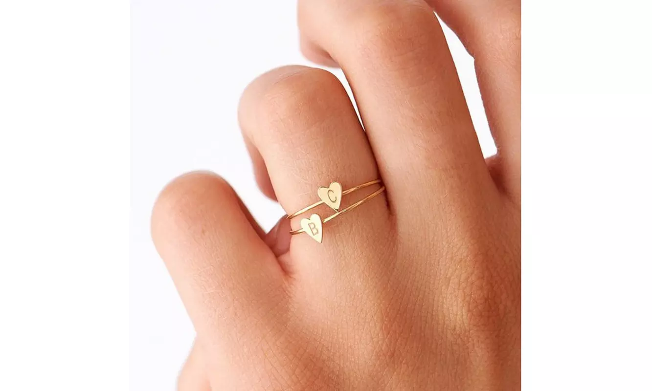 Minimalist Engraved 26 Initial Letter Heart Rings For Women - Primary Image