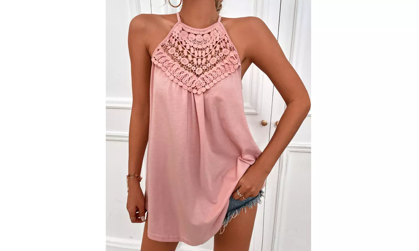 Womens Flowy Lace Crochet Halter Sleeveless Tunic Loose Spaghetti Strap Tank Top - Second Medium