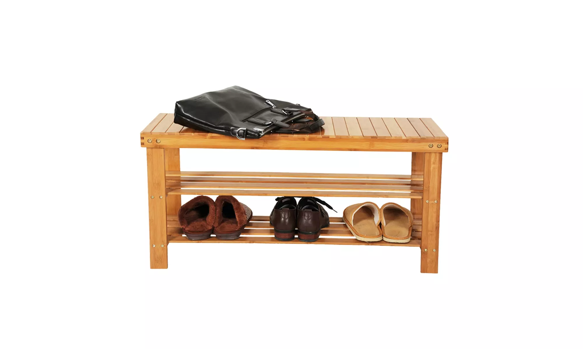 90cm Strip Pattern 3 Tiers Bamboo Stool Shoe Rack Wood Color - Primary Image