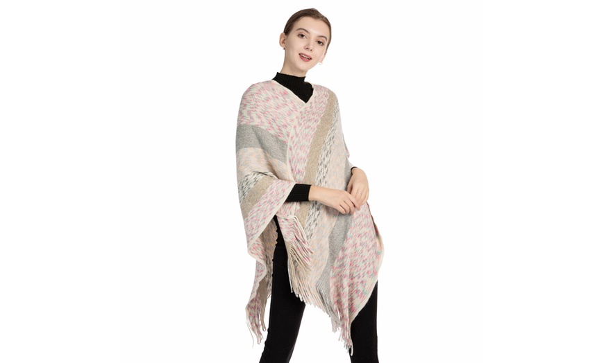 Image 5: Women's Striped Cable Knit Poncho Sweater with Fringed Hems