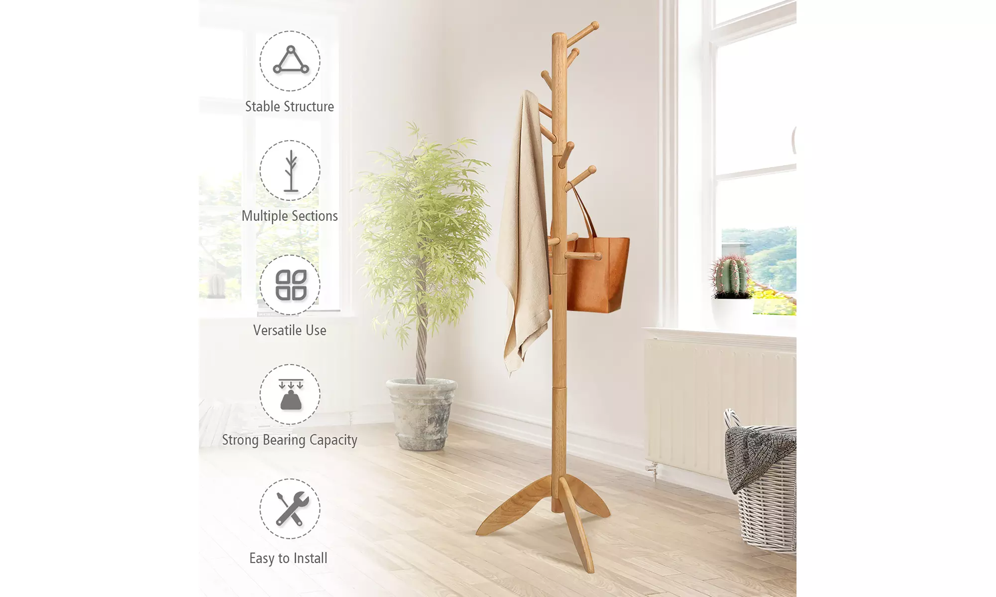 Costway Wooden Coat Rack Entryway Hall Tree 2 Heights w/ 11 Hooks
