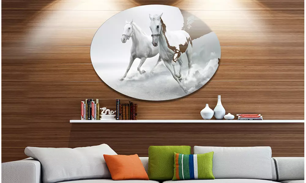 Running White Horses' Ultra Glossy Animal Oversized Metal Circle Wall Art - Primary Image