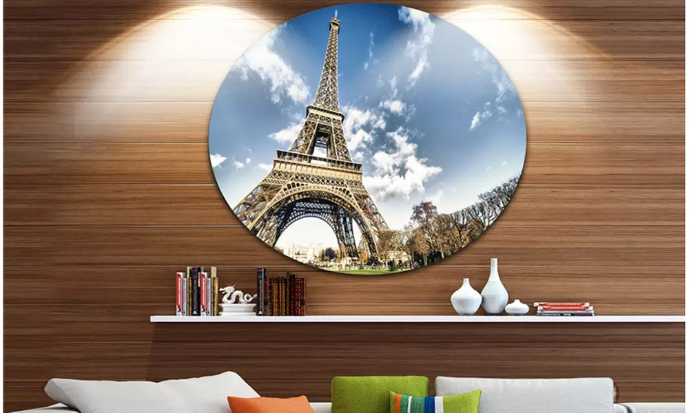 Eiffel Under Dark Cloudy Sky' Landscape Photography Circle Metal Wall Art - Primary Image