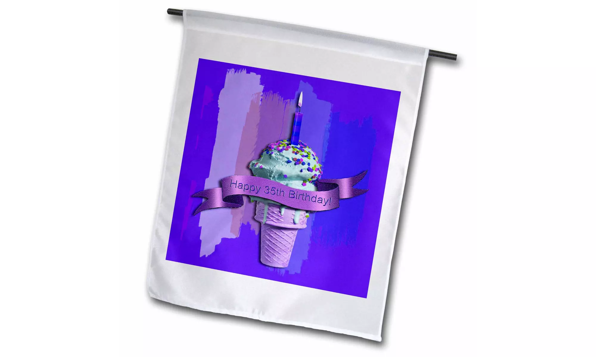  Garden Flag Happy 35th Birthday, Ice Cream Cone on Abstract, Purple  - Primary Image