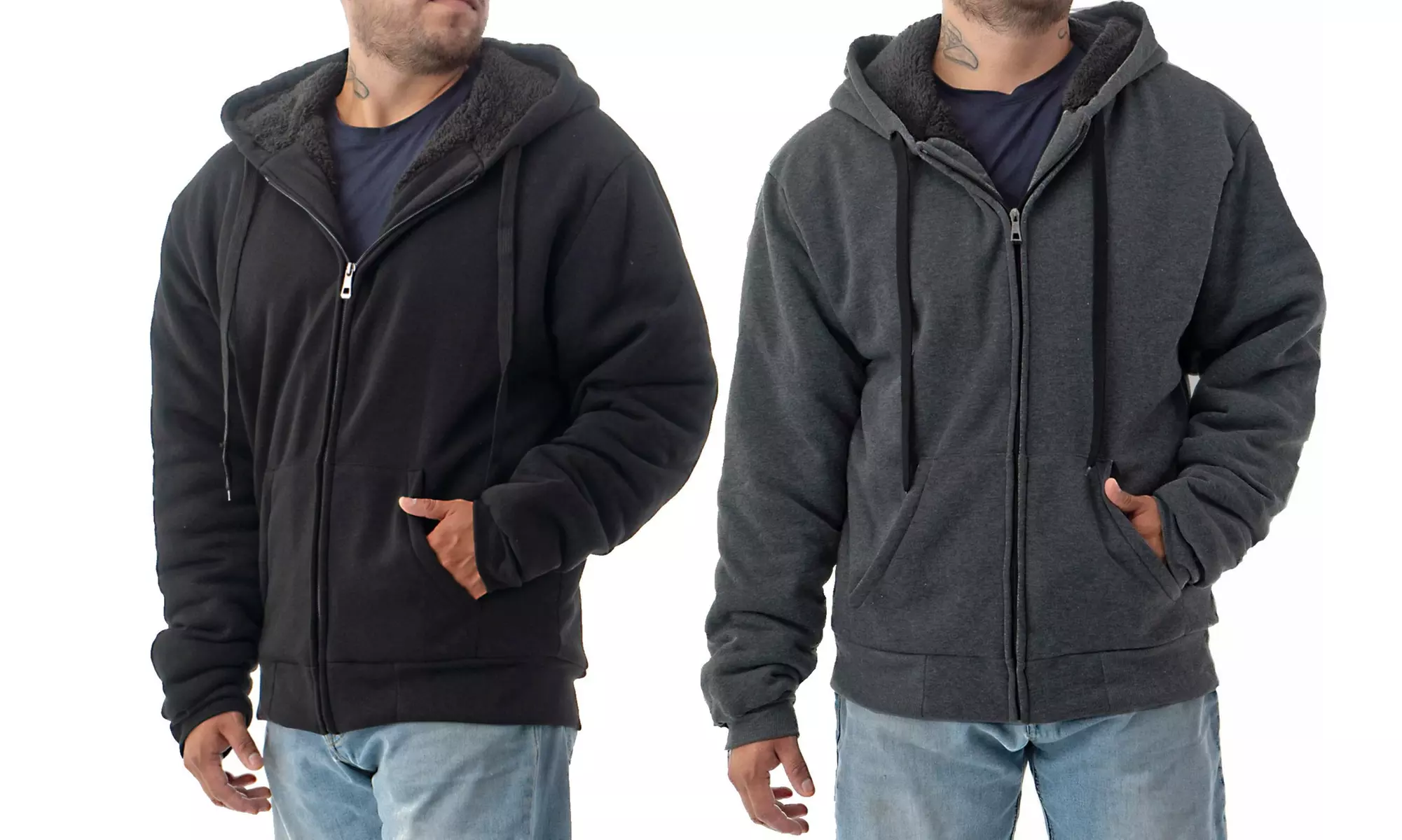 2 Pack Men's Sherpa Lined Hoodie Jacket - Full Zip Heavy Duty Winter Sweatshirts