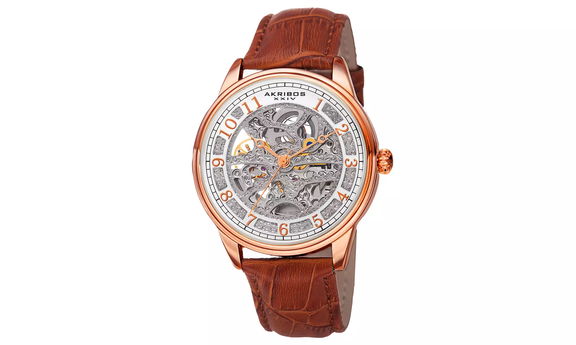 Akribos XXIV Men's Automatic Skeletal Brown Leather Strap Watch - Primary Image