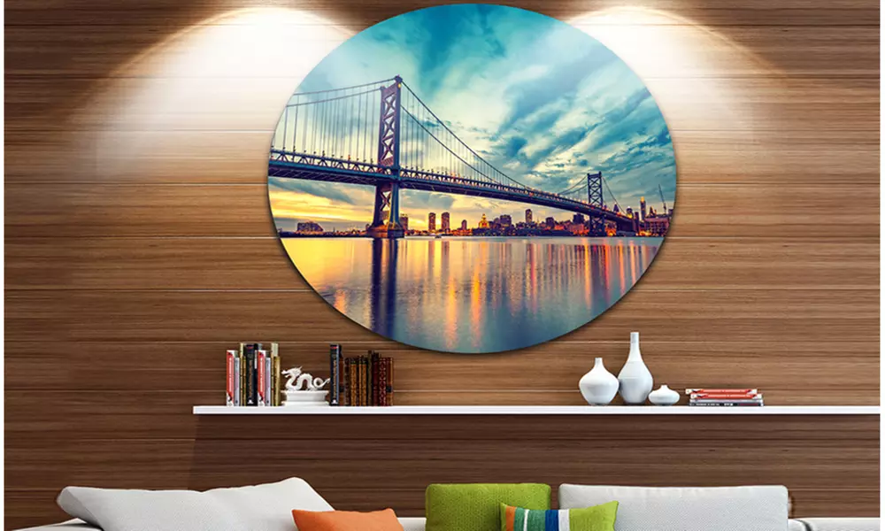 Ben Franklin Bridge in Philadelphia' Ultra Glossy Cityscape Metal Circle - Primary Image