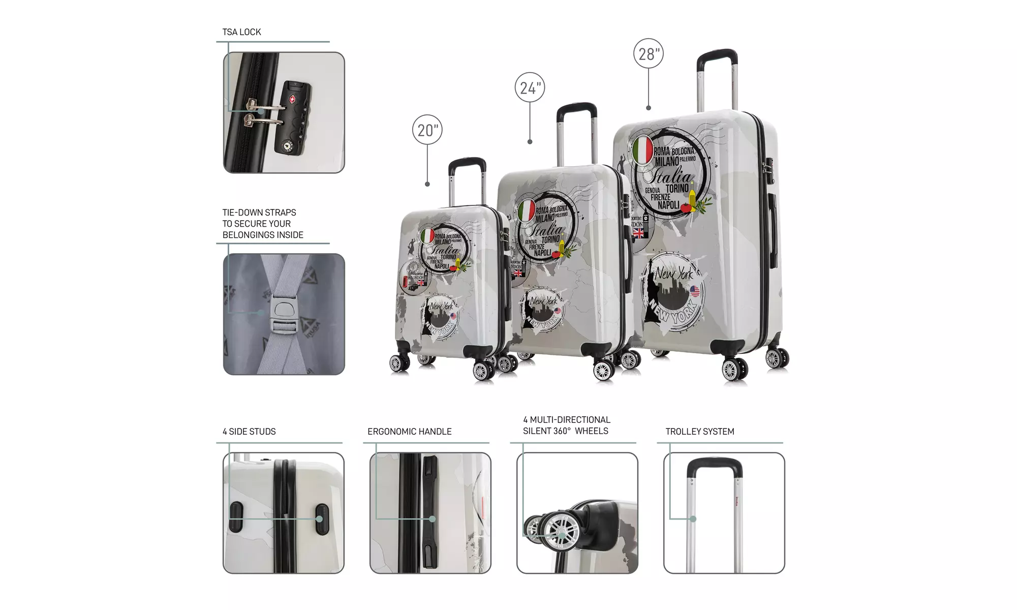 InUSA PRINTS Lightweight Hardside Spinner 3 Piece Set 20'',24'',28'' inch