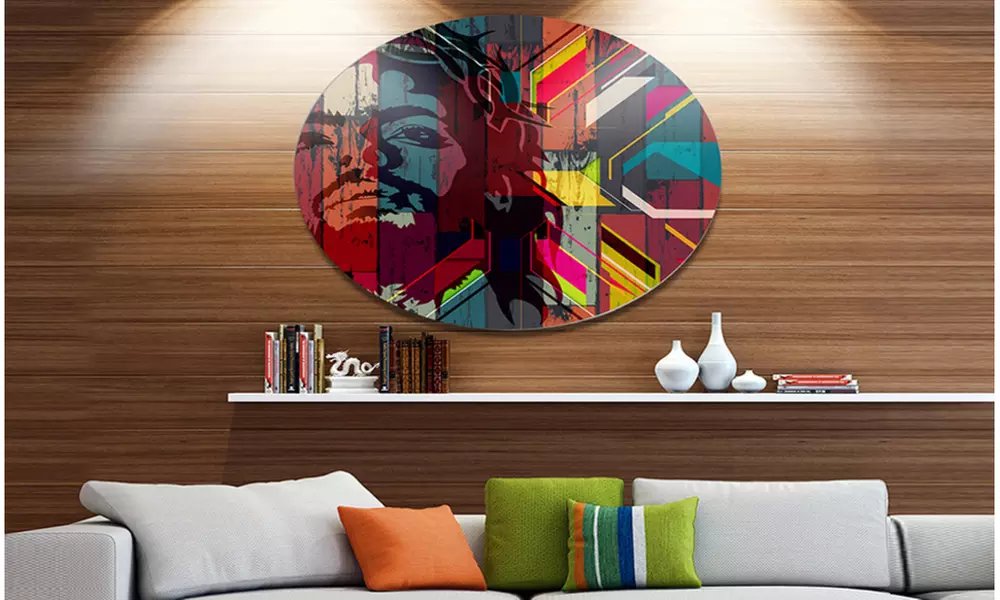 Jesus over Abstract Wooden Design' Glossy Large Abstract Oversized Metal Circle - Primary Image