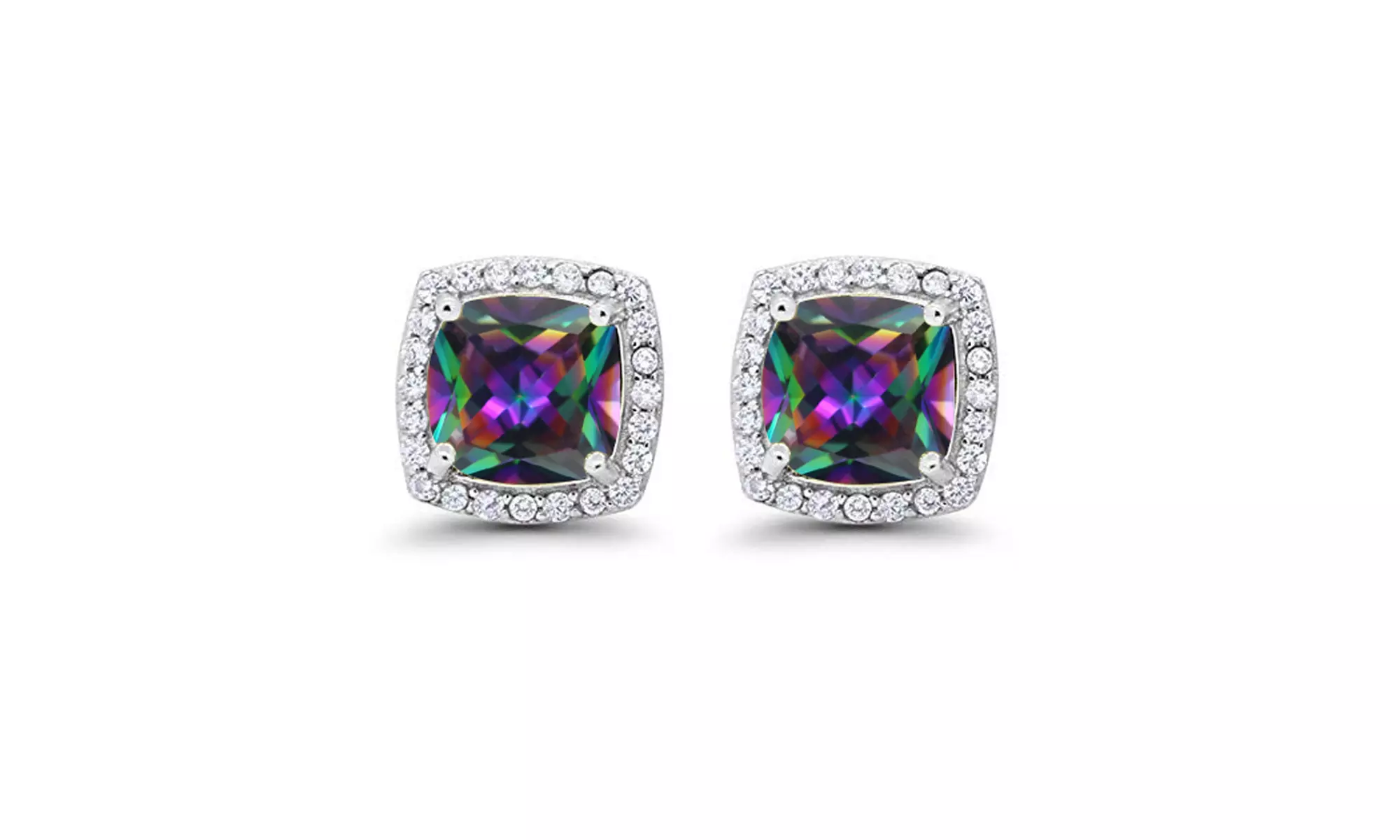 Paris Jewelry 18k White Gold Plated Created Halo Princess Topaz Stud Earrings