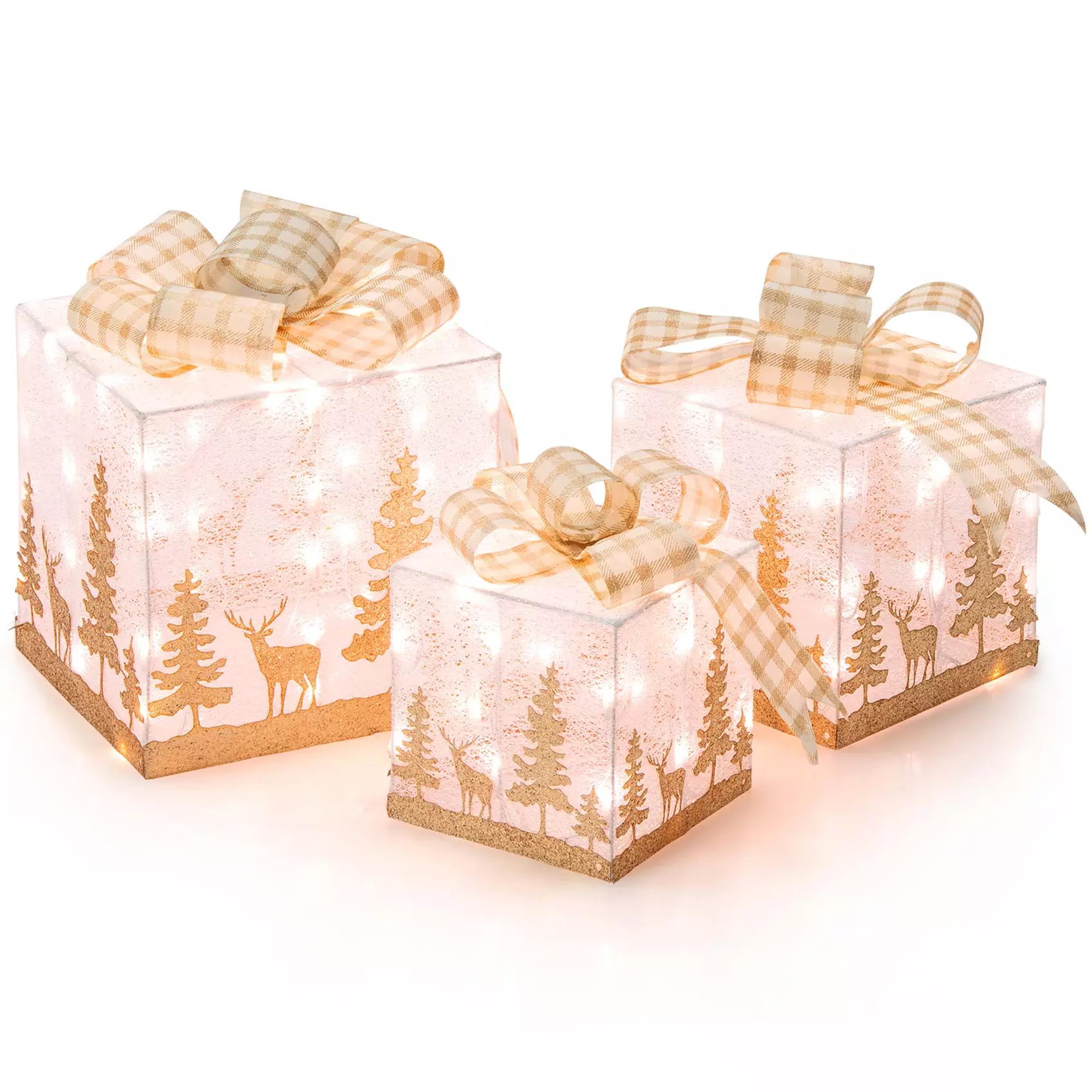 Costway 3 Sets Iridescent Christmas Gift Box LED Lighted Present Box Decor Yard