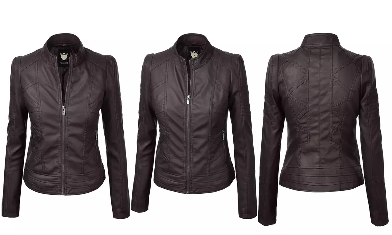 Made By Johnny Womens Faux Leather Zip Up Moto Biker Jacket