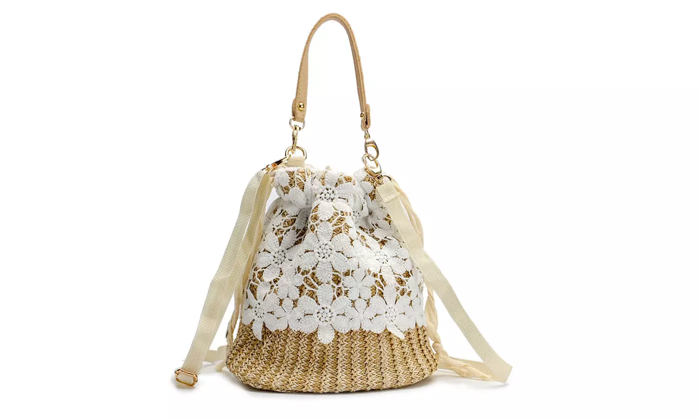 Women Woven Handbag Summer Beach Tote Straw Bag Square Rattan Shoulder Bag
