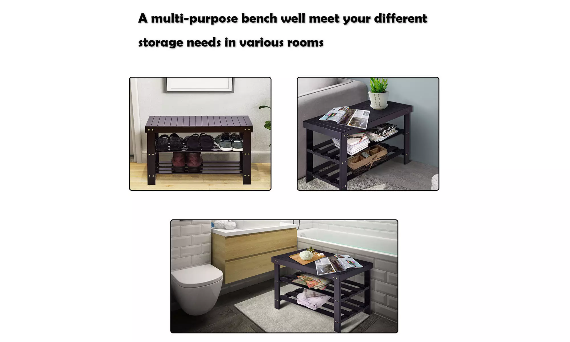 3 Tier Bamboo Shoe Rack Bench Storage Shelf Organizer Entryway Black