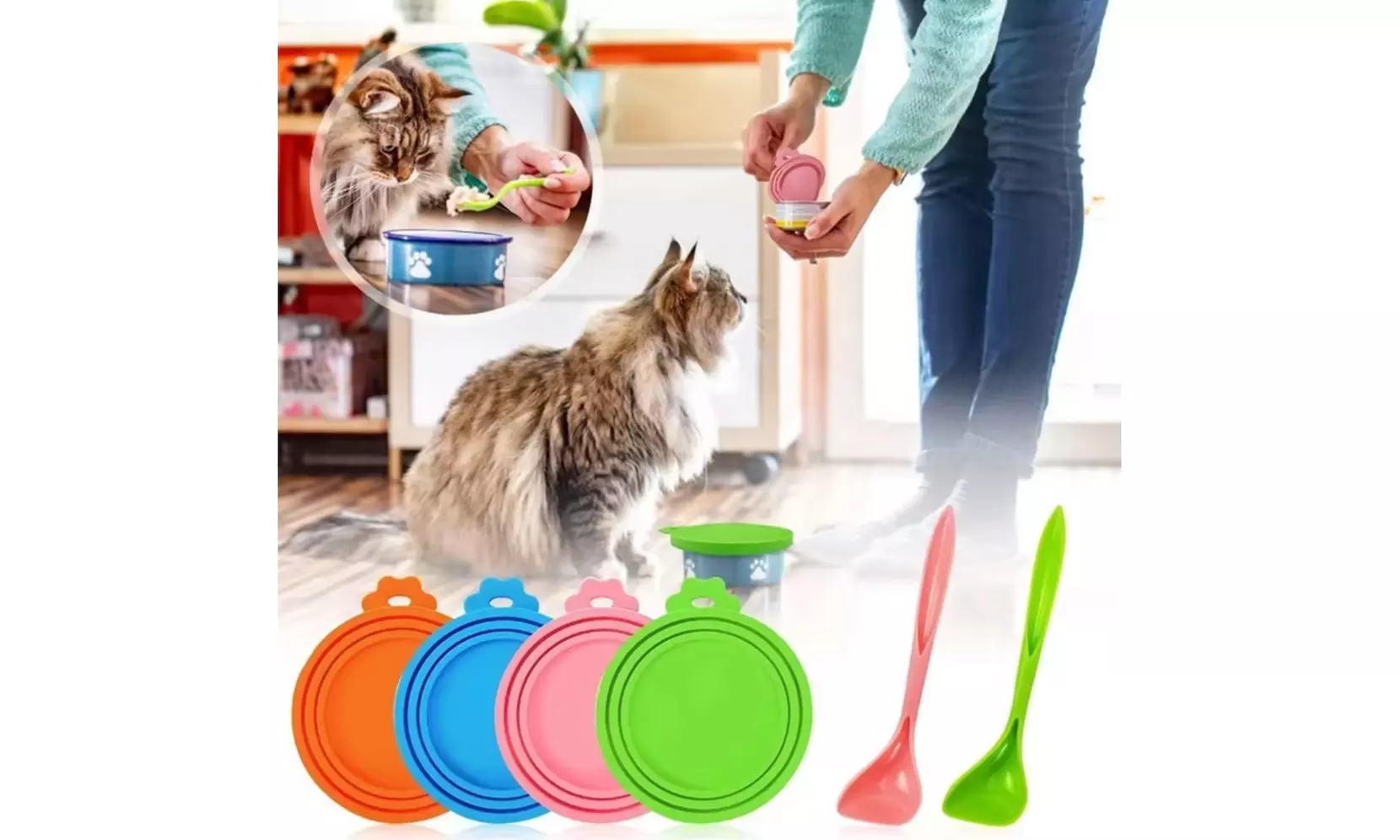 4 Ps Pet Food Can Cover Set w Spoon-Silicone Can Lids for Dog & Cat Food Storage