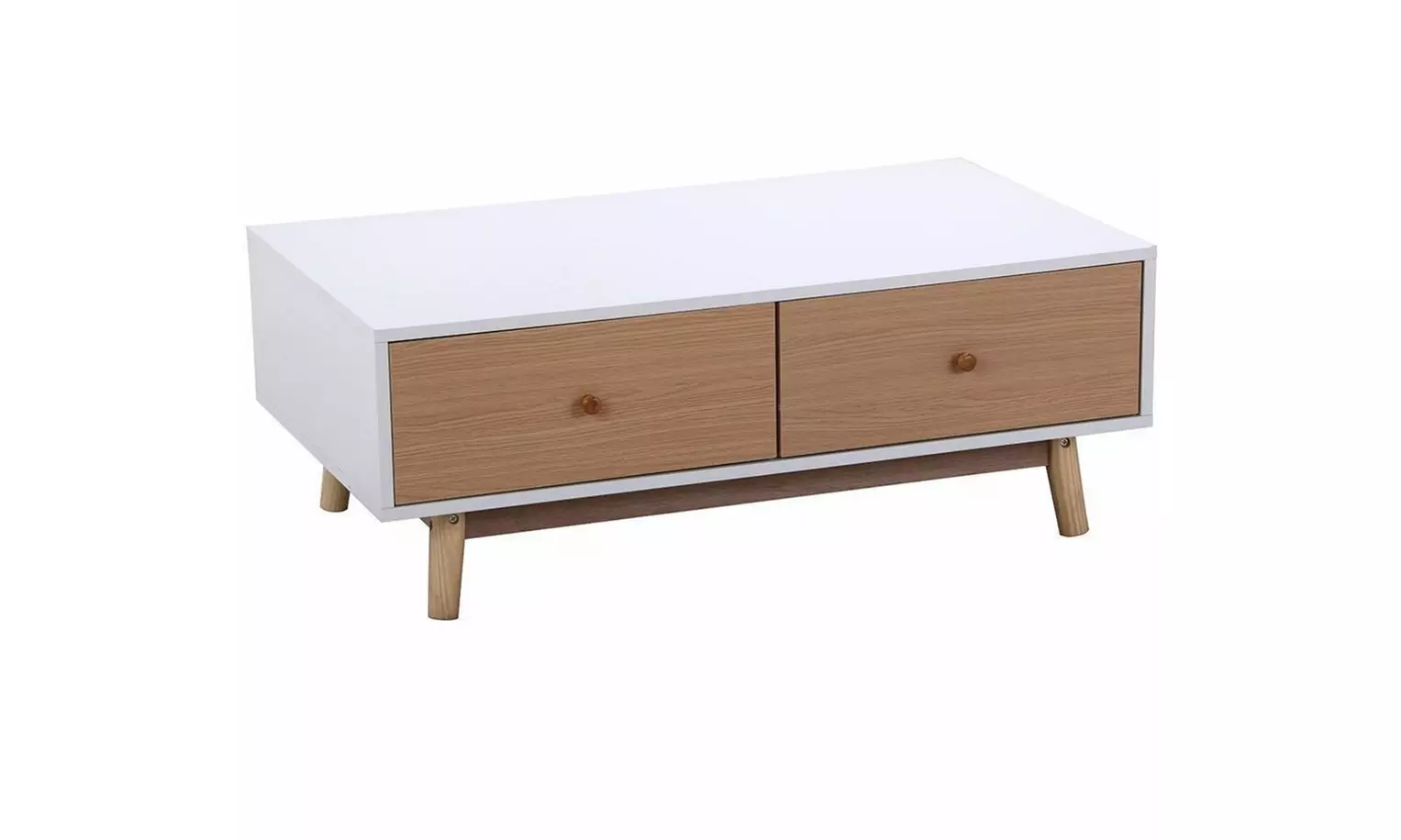 Modern 2 White Drawers Coffee Table Solid Wood Legs Center Tables NEW - Primary Image
