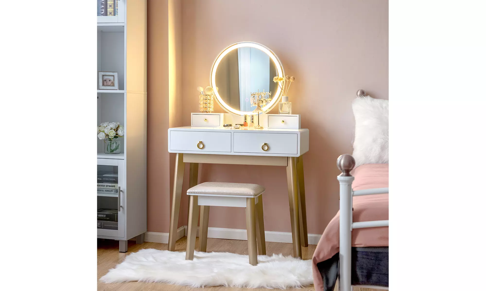 Costway Makeup Vanity Table Set 3 Color Lighting Jewelry Divider Dressing Table - Primary Image
