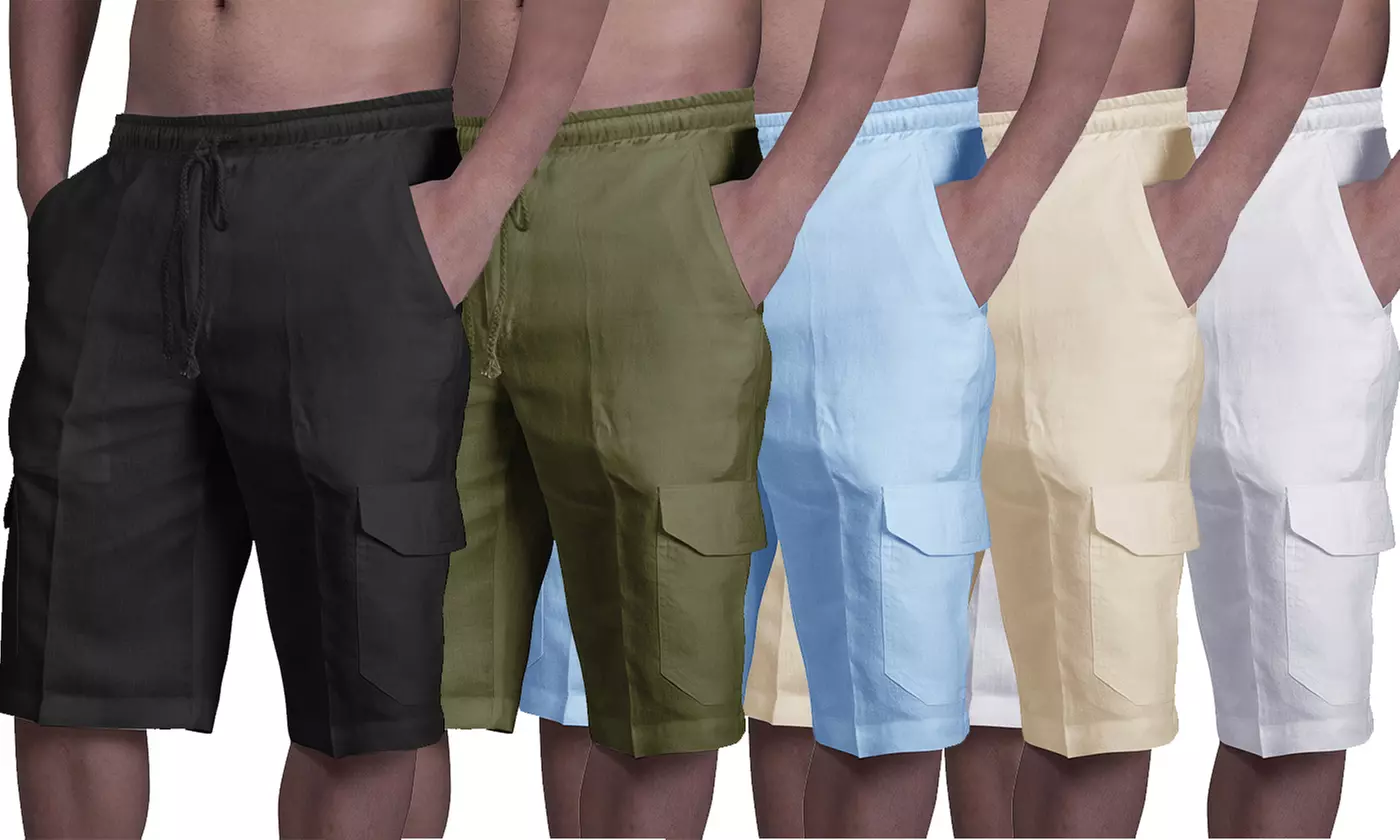 Mens Cotton Linen Shorts Cargo Summer Solid Quick Dry Beach Shorts with Pockets - Primary Image