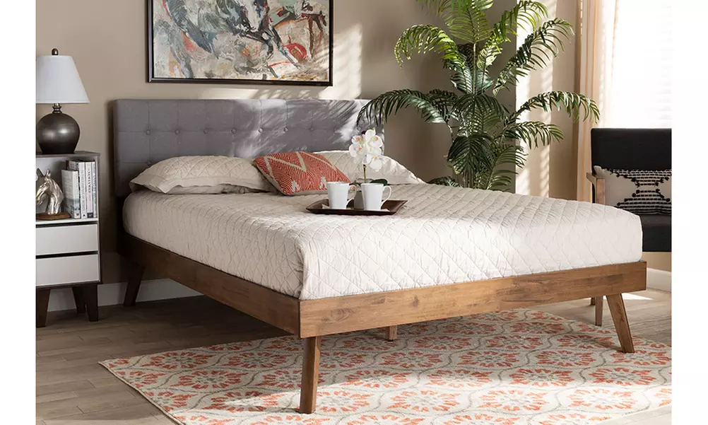 Devan Fabric Upholstered Walnut Brown Finished Wood Platform Bed - Primary Image