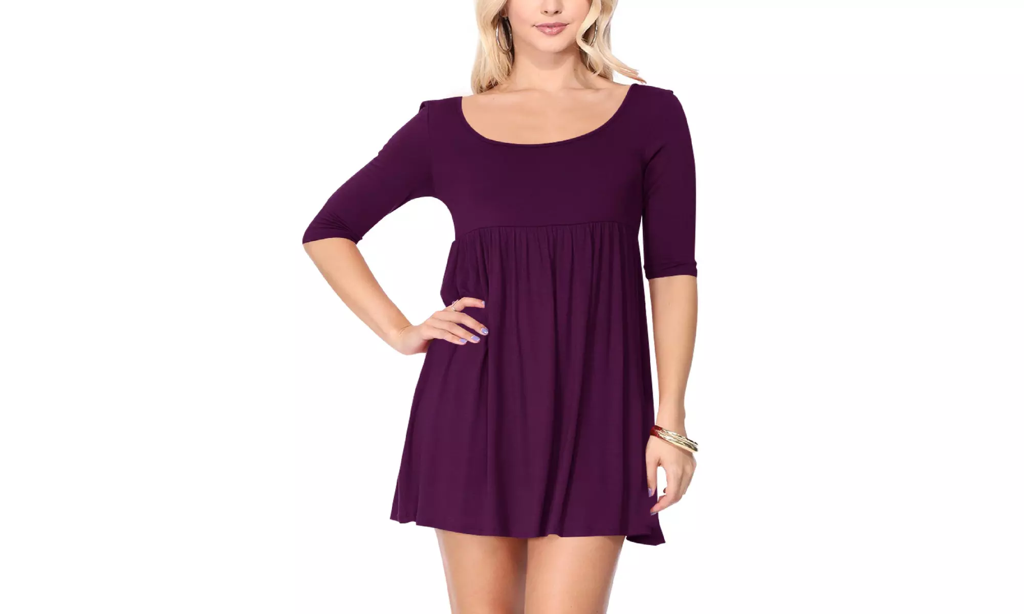 MOA Collection Babydoll Round Neck 3/4 Sleeve Solid Tunic Dress 