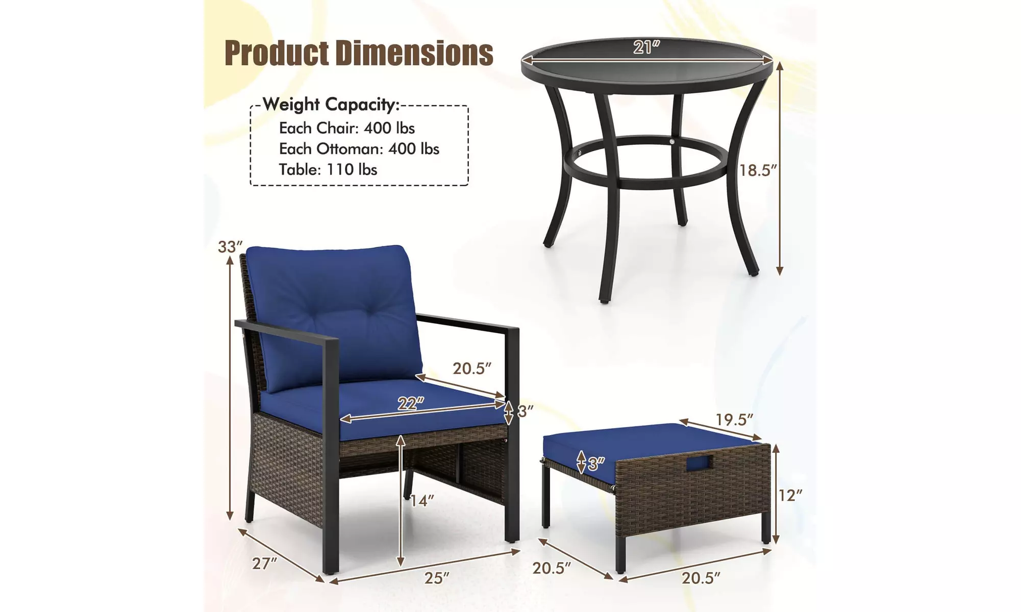 Costway 5 PCS Outdoor Furniture Set Rattan Chairs & Ottomans with Coffee Table