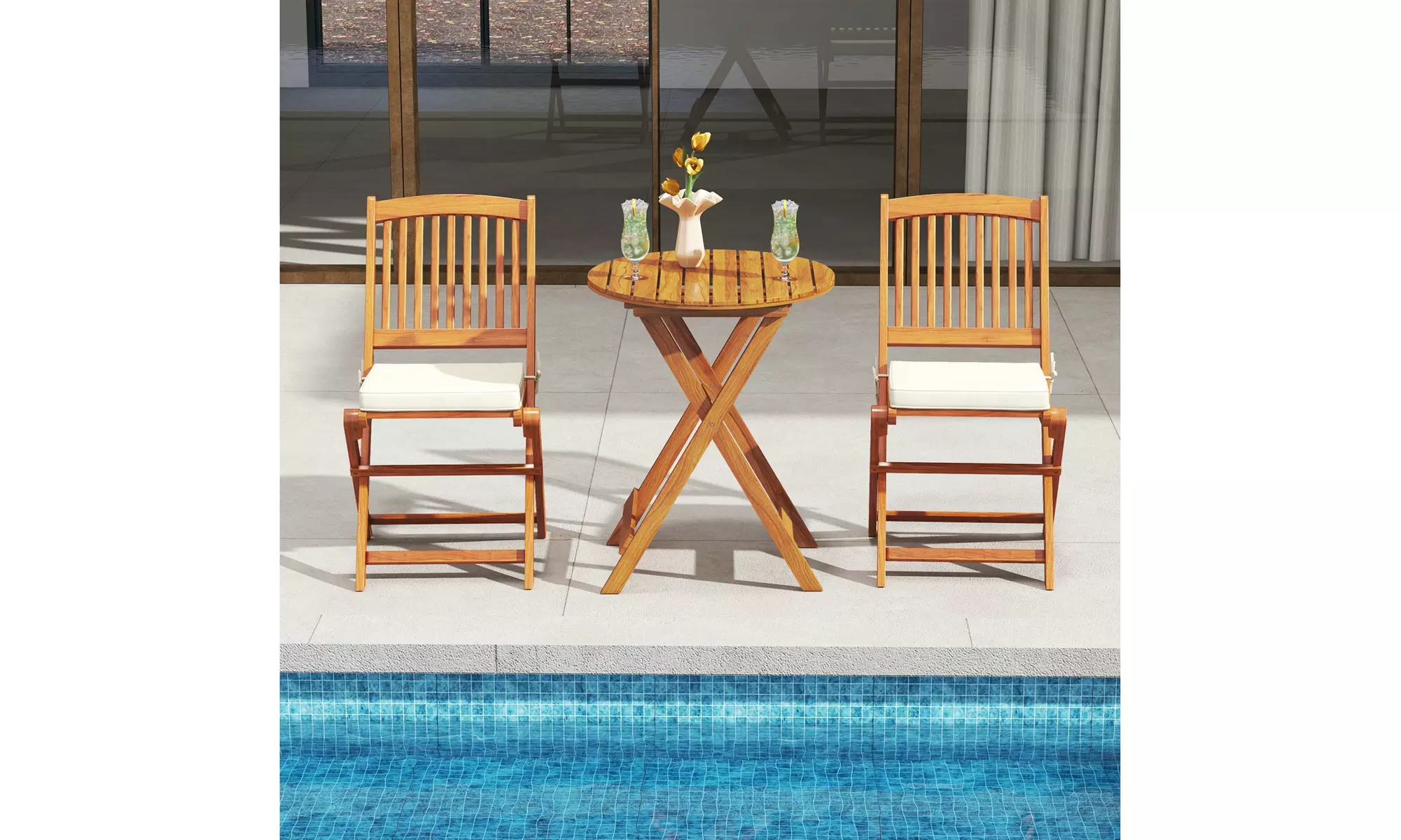 Costway Outdoor Folding Chairs Acacia Wood High-Back Chair with Seat Cushions
