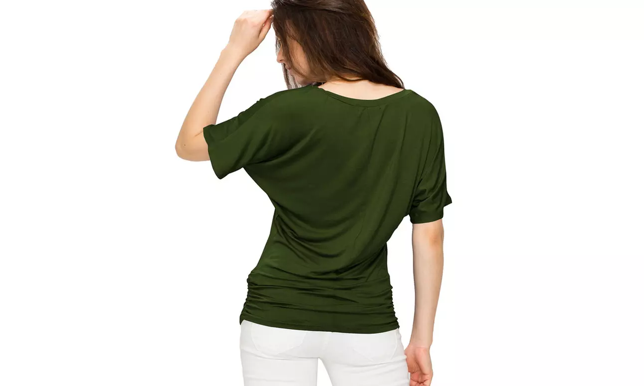 Made by Johnny Womens Solid Short Sleeve V-Neck Dolman Top with Side Shirring