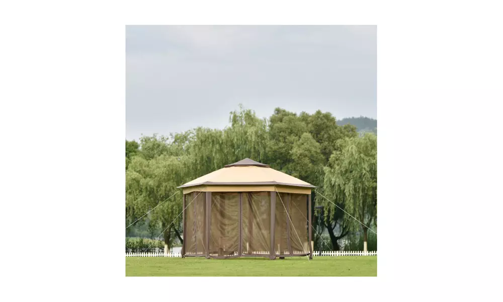 U-style Iron hexagon Patio Gazebo khaki