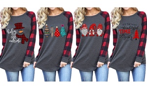 Women Casual Plaid Long Sleeve T Shirt Cute Christmas Print Tops S-3XL