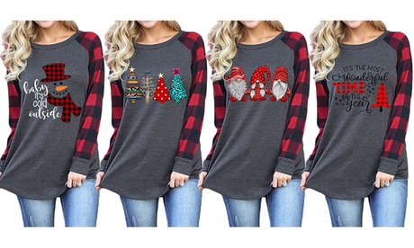 Women Casual Plaid Long Sleeve T Shirt Cute Christmas Print Tops S-3XL S Santa-B