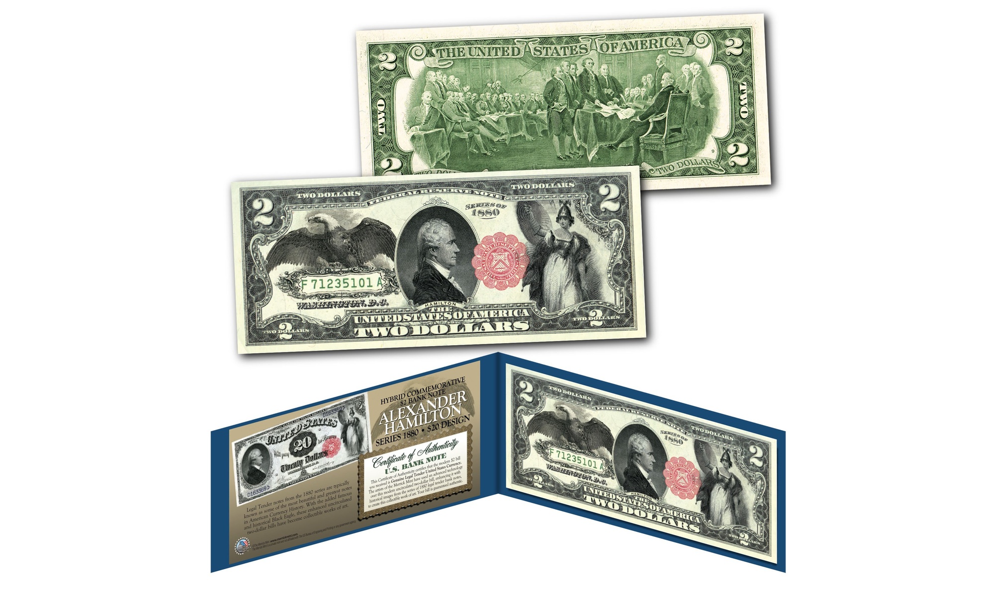 1880 Series ALEXANDER HAMILTON Hybrid Commemorative Note on Modern 2 Dollar Bill