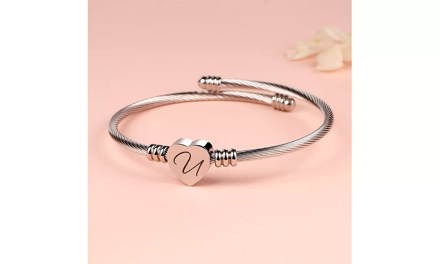 Twisted Steel Heart Cable Initial Bracelet