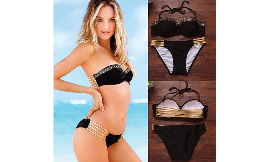 Image 2: Women Fashion Summer Sexy Halter Low Waist Rhinestone Beach Bikini Swimwear