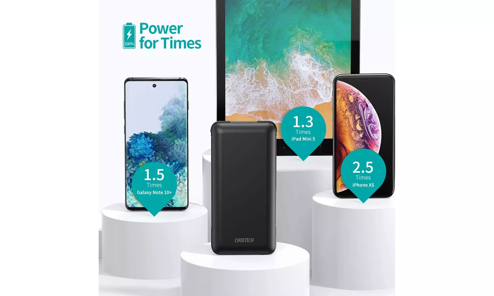 CHOETECH Power Bank with Built-in USB-C and Lightning Cables 10,000 mAh Charger