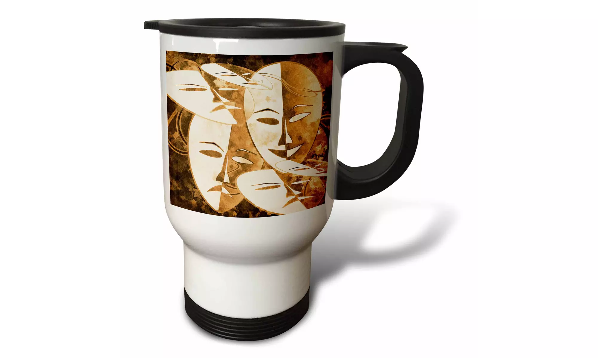  Travel Mug Theater masks. Carnival. Brown and white. - 14oz  - Primary Image