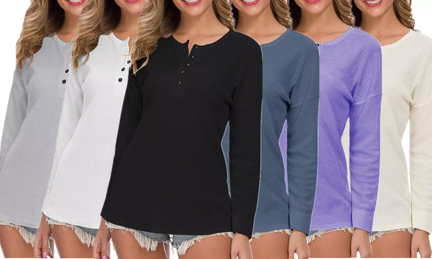 LESIES Women's Waffle Knit Tunic Tops Long Sleeve Button Up V Neck Henley Shirts - Primary Image