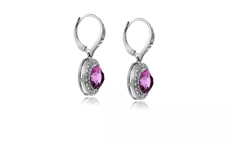 Purple & Clear Round Halo Leverback Dangle Earrings Made with European Crystals - Second Medium