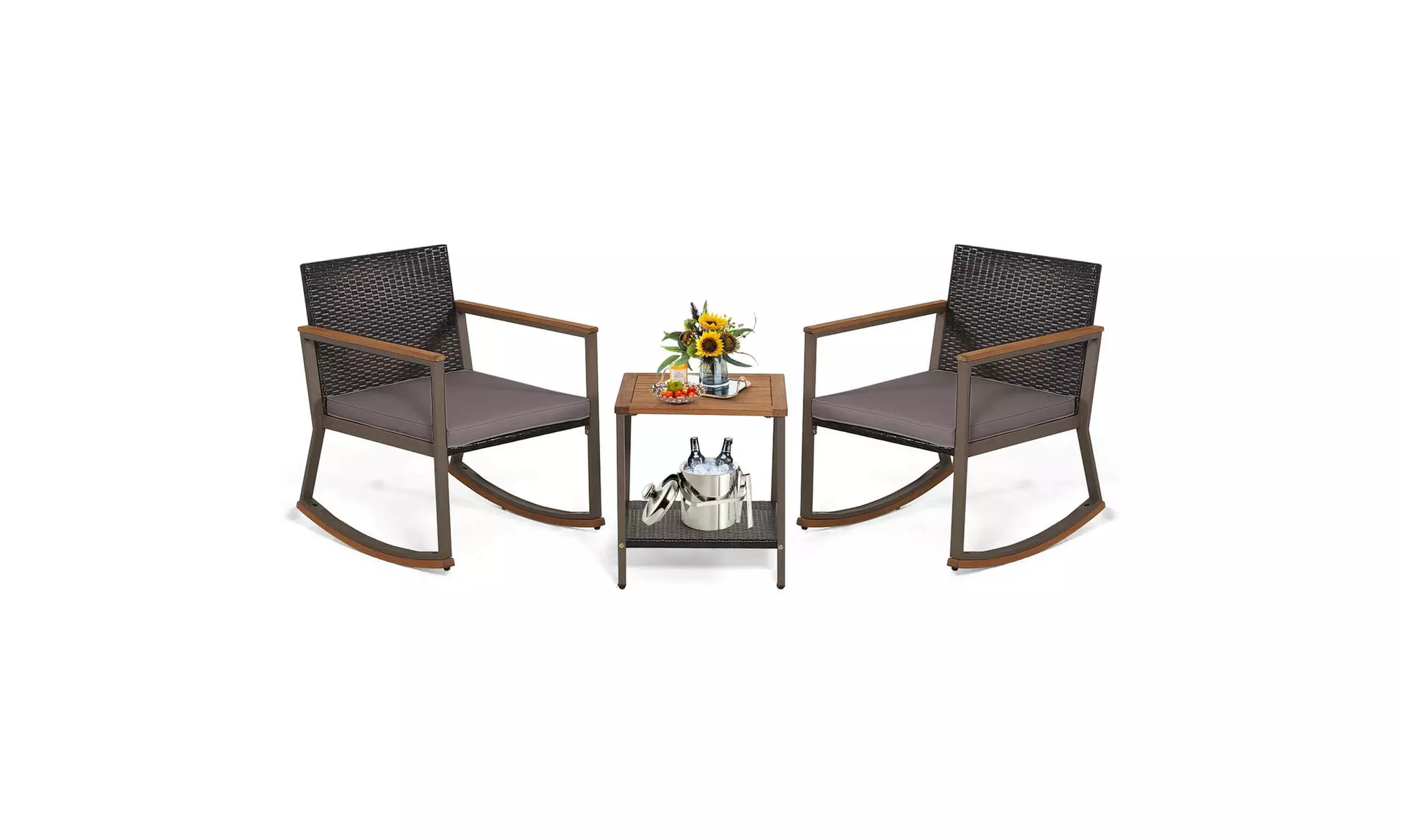 Costway 3 PCS Patio Rattan Rocking Chair Bistro Set Armrest Cushion Table
