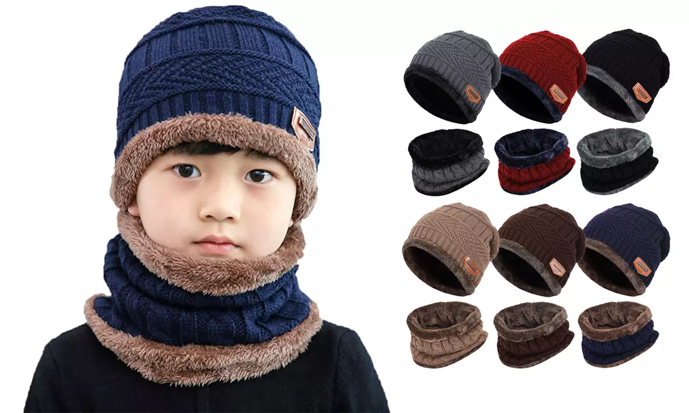 2Pcs Kids Winter Thick Beanie Hat Scarf Set Slouchy Warm Snow for Boys Girls - Primary Image