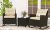 Costway 3 PCS Patio Wicker Rocking Set with Tempered Glass Table & Soft Cushions