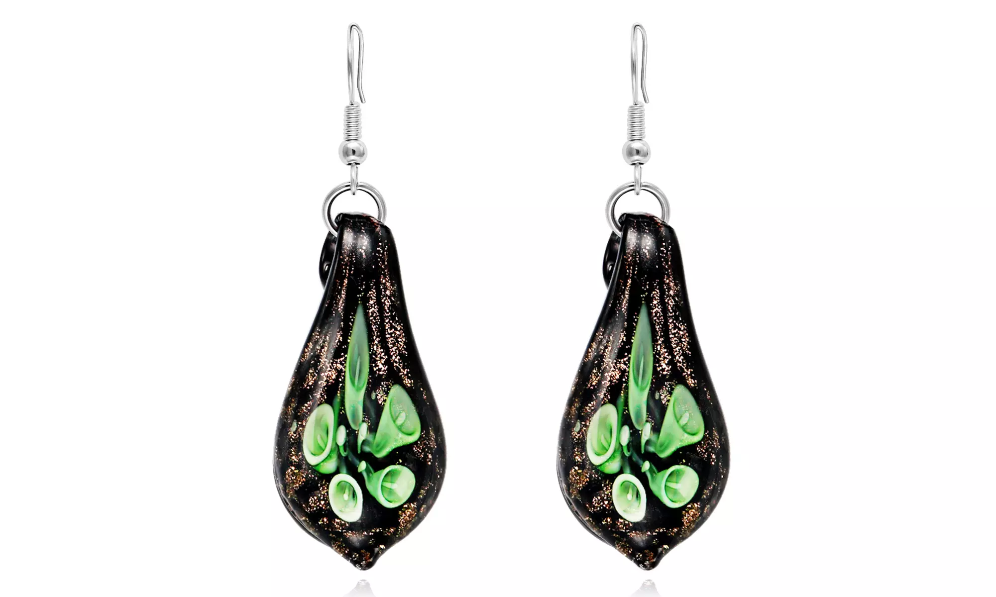 14K White Gold Murano Glass Green Drop Earrings - Second Medium